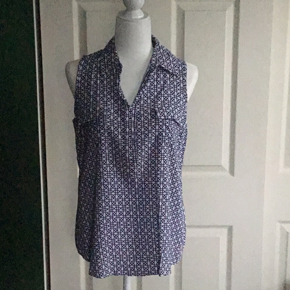 Sleeveless Button Up L Geometric Lattice Print Blouse Navy White Office Layering